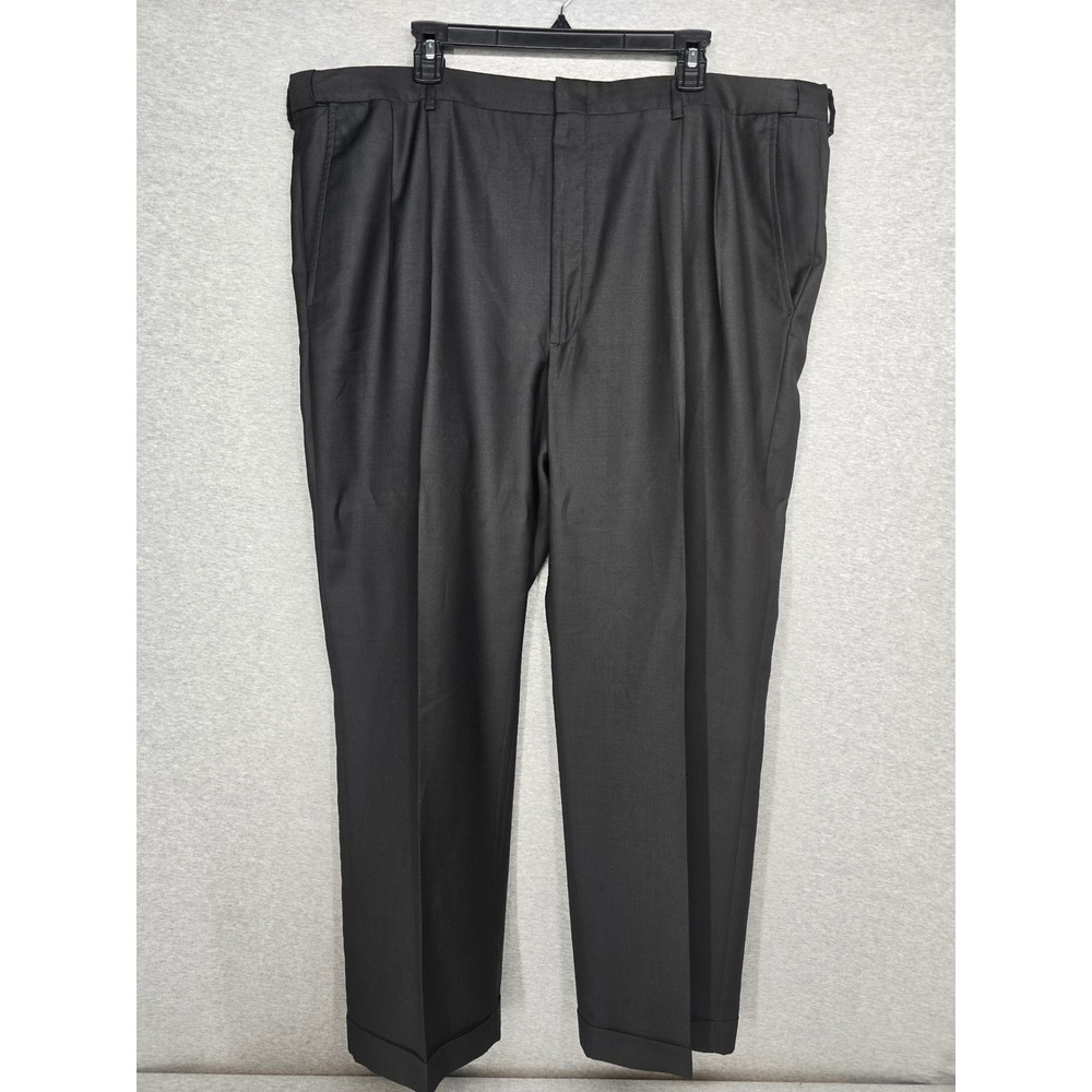 Haggar Mens 44x30 Black Pleated Dress Pants Extra Stretch Waist Cuffed Slacks